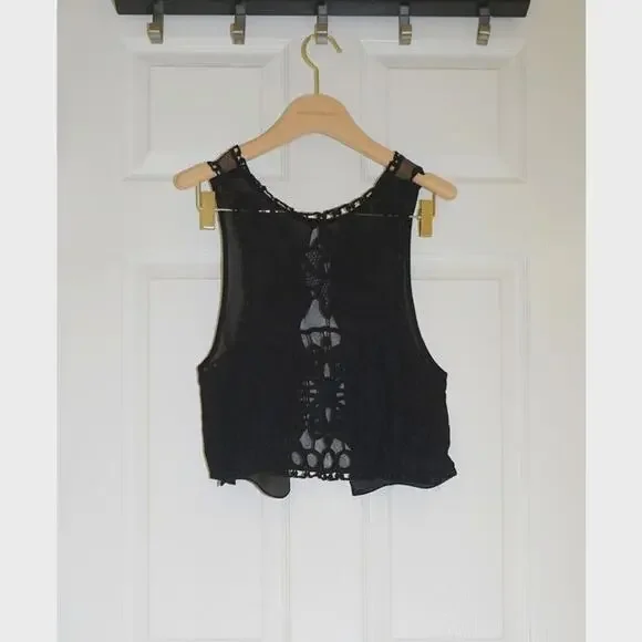 Millau - Sleeveless Sheer & Lace Open Back Tank Top in Black / Size S - Picture 3 of 5